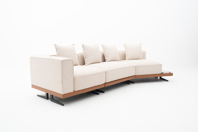 3-Seater Beige Fabric Sofa w/ Integrated Natural Marble End Console Platform