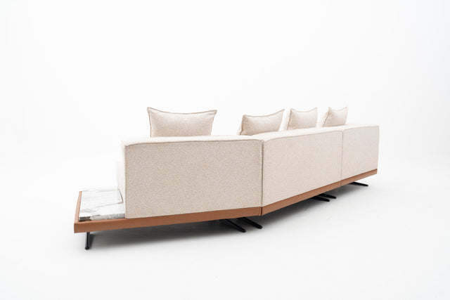 3-Seater Beige Fabric Sofa w/ Integrated Natural Marble End Console Platform