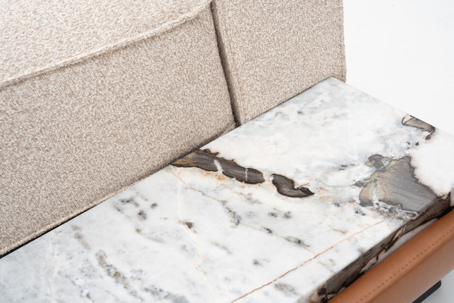3-Seater Beige Fabric Sofa w/ Integrated Natural Marble End Console Platform