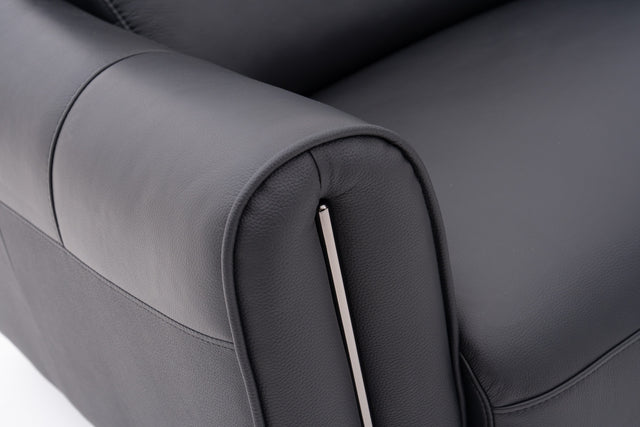 Black Contemporary Modular Sofa with Adjustable Headrests, Integrated Side Table & Matching Ottoman.