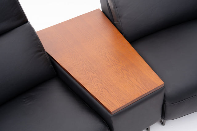 Black Contemporary Modular Sofa with Adjustable Headrests, Integrated Side Table & Matching Ottoman.