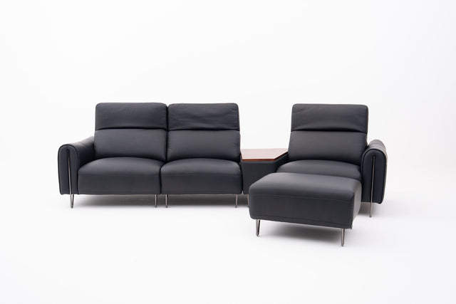 Black Contemporary Modular Sofa with Adjustable Headrests, Integrated Side Table & Matching Ottoman.