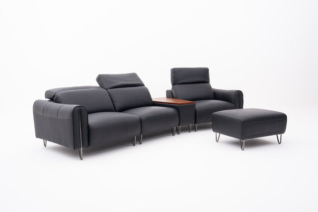 Black Contemporary Modular Sofa with Adjustable Headrests, Integrated Side Table & Matching Ottoman.