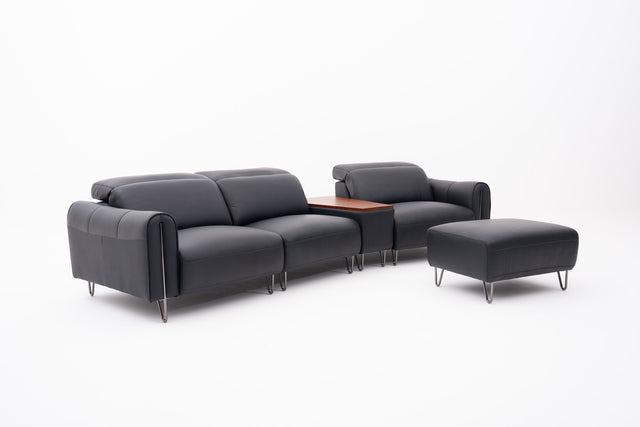 Black Contemporary Modular Sofa with Adjustable Headrests, Integrated Side Table & Matching Ottoman.