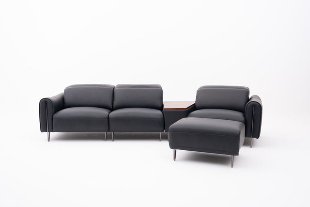 Black Contemporary Modular Sofa with Adjustable Headrests, Integrated Side Table & Matching Ottoman.