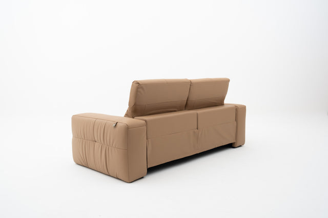 2-Seater brown leather sofa with dual power recliners, adjustable headrests, built-in USB port, & Bluetooth audio feature