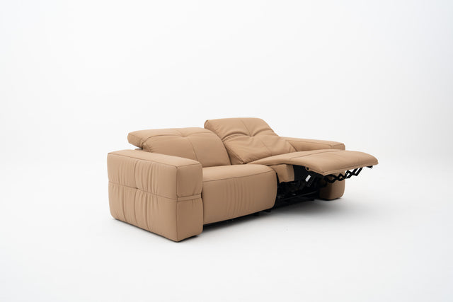 2-Seater brown leather sofa with dual power recliners, adjustable headrests, built-in USB port, & Bluetooth audio feature