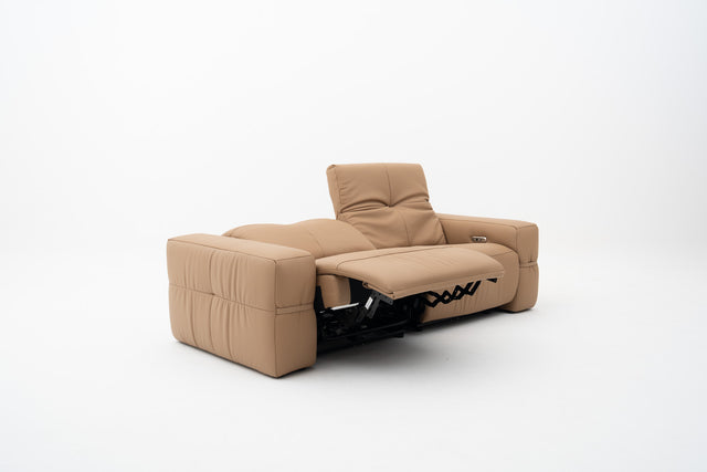 2-Seater brown leather sofa with dual power recliners, adjustable headrests, built-in USB port, & Bluetooth audio feature