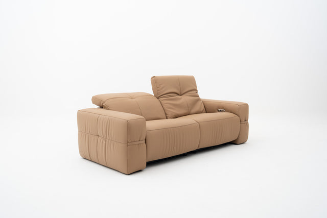 2-Seater brown leather sofa with dual power recliners, adjustable headrests, built-in USB port, & Bluetooth audio feature