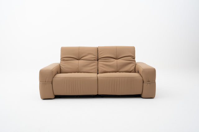 2-Seater brown leather sofa with dual power recliners, adjustable headrests, built-in USB port, & Bluetooth audio feature