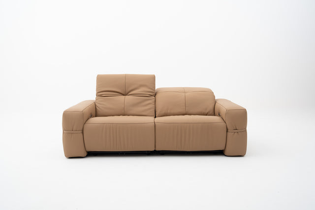 2-Seater brown leather sofa with dual power recliners, adjustable headrests, built-in USB port, & Bluetooth audio feature