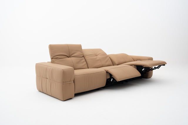 3-Seater brown leather sofa with dual power recliners, adjustable headrests, built-in USB port, & Bluetooth audio feature