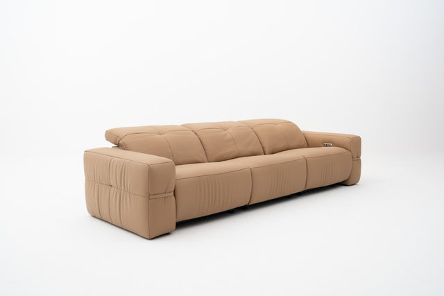 3-Seater brown leather sofa with dual power recliners, adjustable headrests, built-in USB port, & Bluetooth audio feature