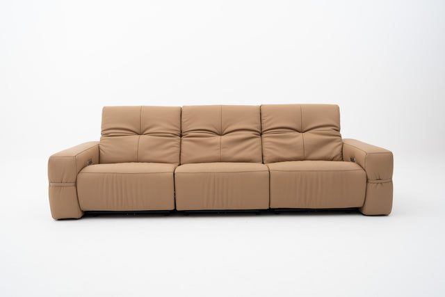 3-Seater brown leather sofa with dual power recliners, adjustable headrests, built-in USB port, & Bluetooth audio feature