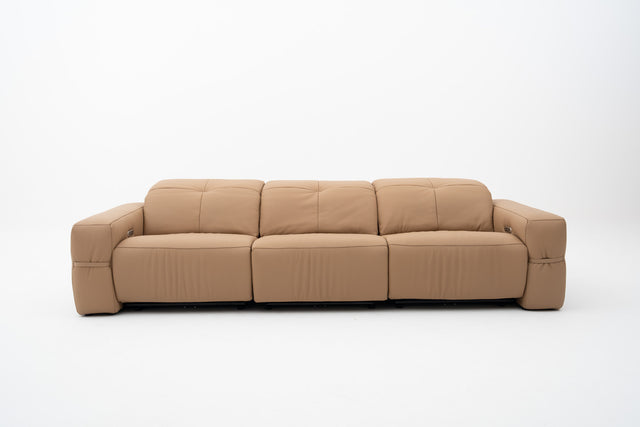 3-Seater brown leather sofa with dual power recliners, adjustable headrests, built-in USB port, & Bluetooth audio feature