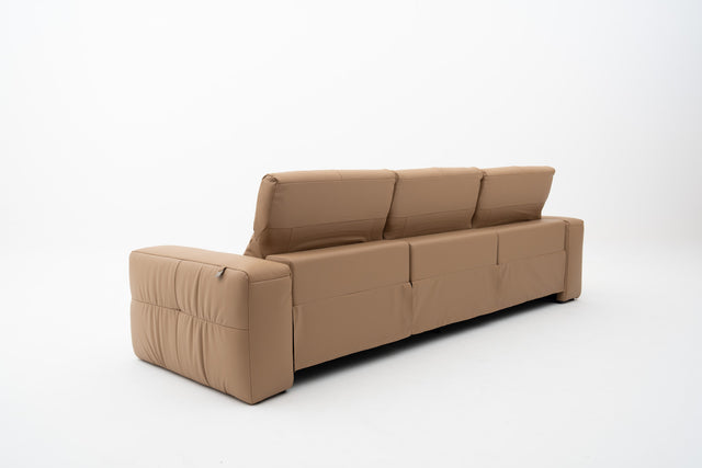 3-Seater brown leather sofa with dual power recliners, adjustable headrests, built-in USB port, & Bluetooth audio feature