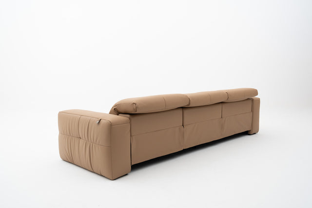 3-Seater brown leather sofa with dual power recliners, adjustable headrests, built-in USB port, & Bluetooth audio feature