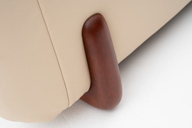 2-Seater beige leather power incliner sofa with wooden legs