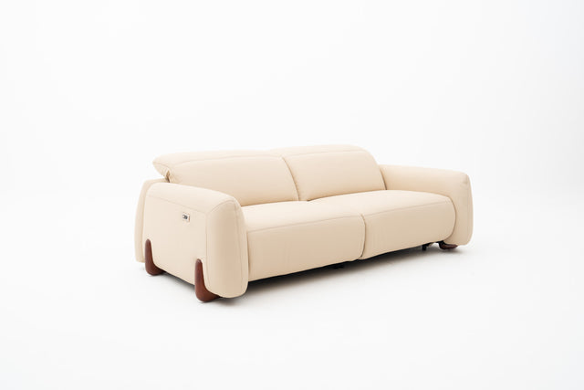 2-Seater beige leather power incliner sofa with wooden legs