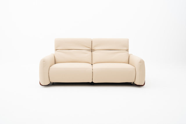2-Seater beige leather power incliner sofa with wooden legs