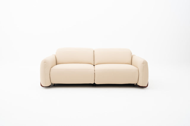 2-Seater beige leather power incliner sofa with wooden legs
