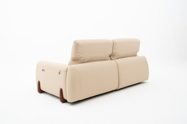2-Seater beige leather power incliner sofa with wooden legs