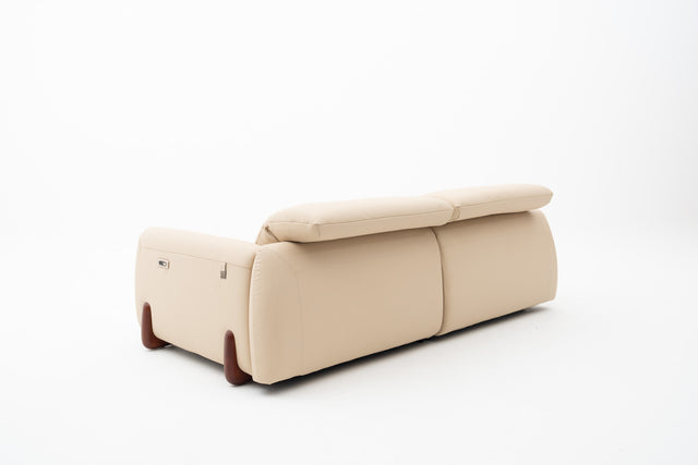 2-Seater beige leather power incliner sofa with wooden legs