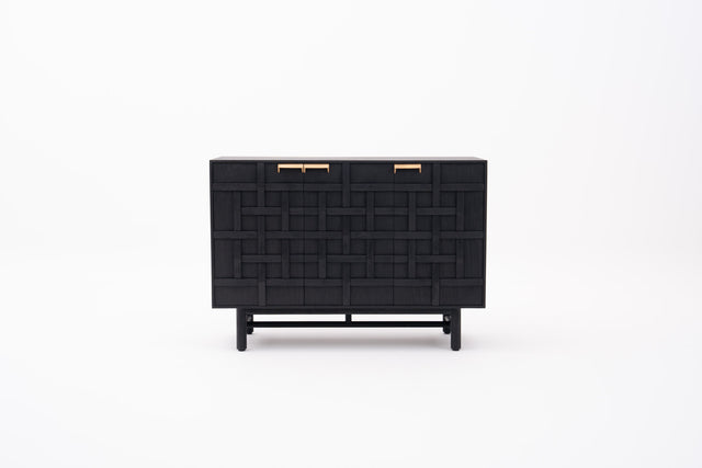 Black lattice-patterned sideboard with brass gold handles