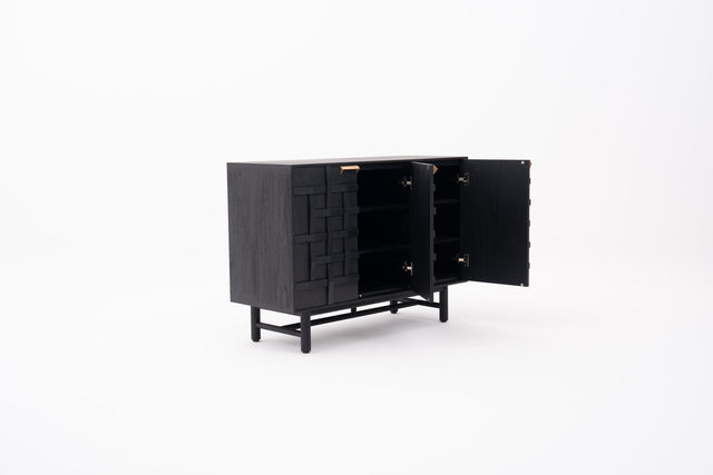 Black lattice-patterned sideboard with brass gold handles