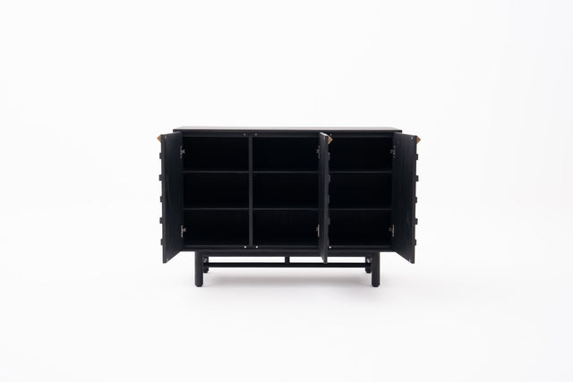 Black lattice-patterned sideboard with brass gold handles