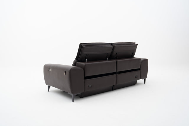 2-Seater brown leather power recliner sofa with seat tufting accent