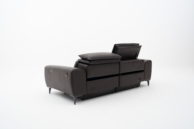 2-Seater brown leather power recliner sofa with seat tufting accent