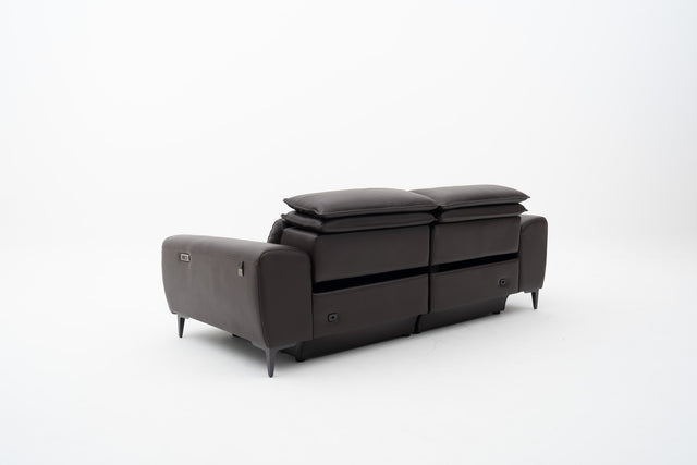 2-Seater brown leather power recliner sofa with seat tufting accent