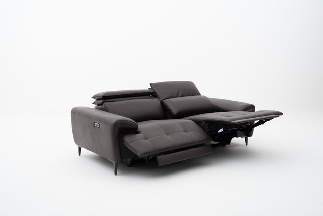 2-Seater brown leather power recliner sofa with seat tufting accent