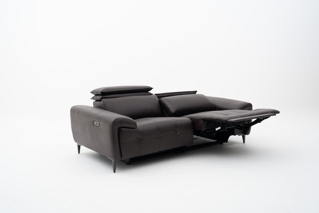 2-Seater brown leather power recliner sofa with seat tufting accent