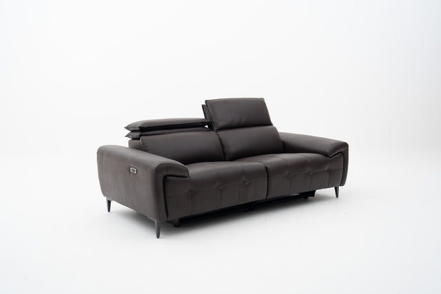 2-Seater brown leather power recliner sofa with seat tufting accent