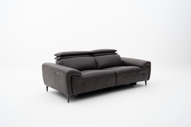 2-Seater brown leather power recliner sofa with seat tufting accent