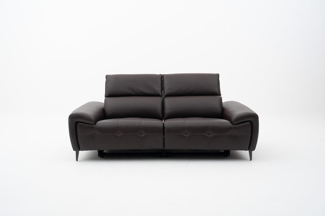 2-Seater brown leather power recliner sofa with seat tufting accent