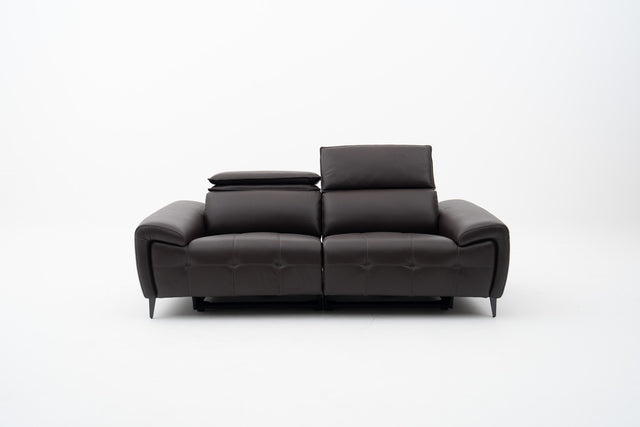 2-Seater brown leather power recliner sofa with seat tufting accent
