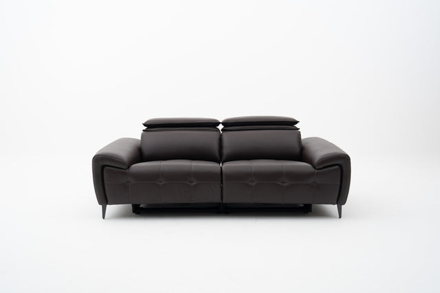 2-Seater brown leather power recliner sofa with seat tufting accent