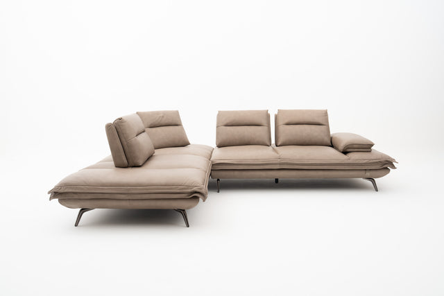 Taupe leather modular corner sofa with push-back seats, adjustable headrests & extendable armrest