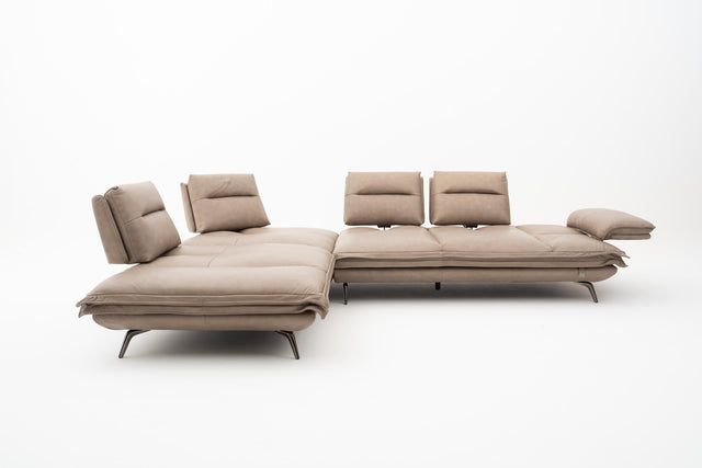 Taupe leather modular corner sofa with push-back seats, adjustable headrests & extendable armrest