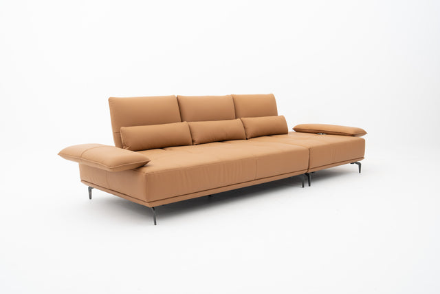 3-Seater brown leather push-back sofa with adjustable armrests