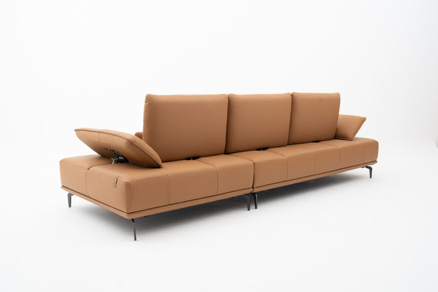 3-Seater brown leather push-back sofa with adjustable armrests