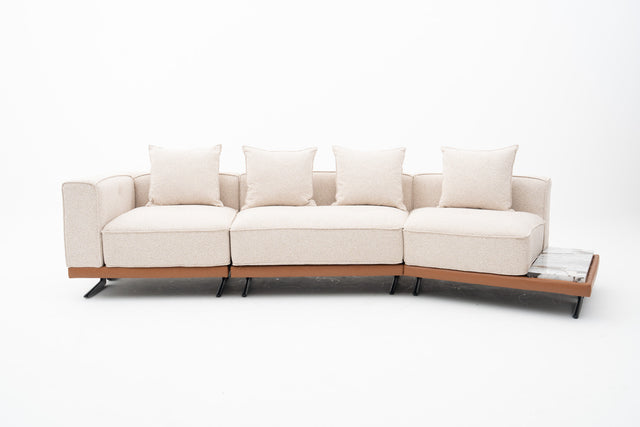3-Seater Beige Fabric Sofa w/ Integrated Natural Marble End Console Platform