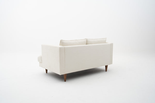 2-Seater white fabric sofa with wooden legs