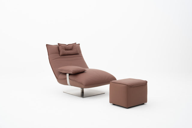 Brown lounge chair with padded headrest, armrest & matching ottoman
