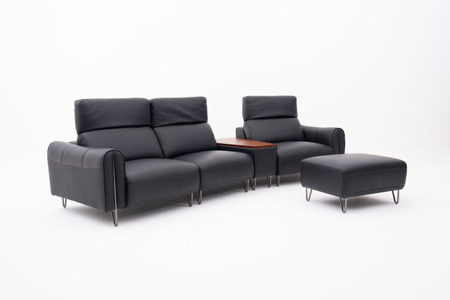 Black Contemporary Modular Sofa with Adjustable Headrests, Integrated Side Table & Matching Ottoman.