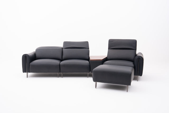 Black Contemporary Modular Sofa with Adjustable Headrests, Integrated Side Table & Matching Ottoman.