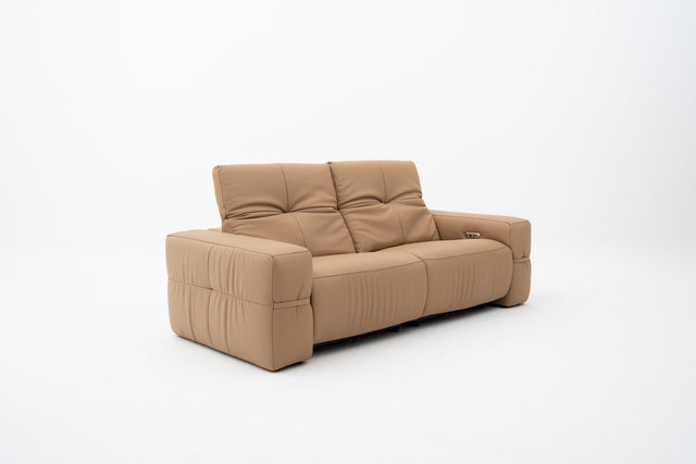 2-Seater brown leather sofa with dual power recliners, adjustable headrests, built-in USB port, & Bluetooth audio feature